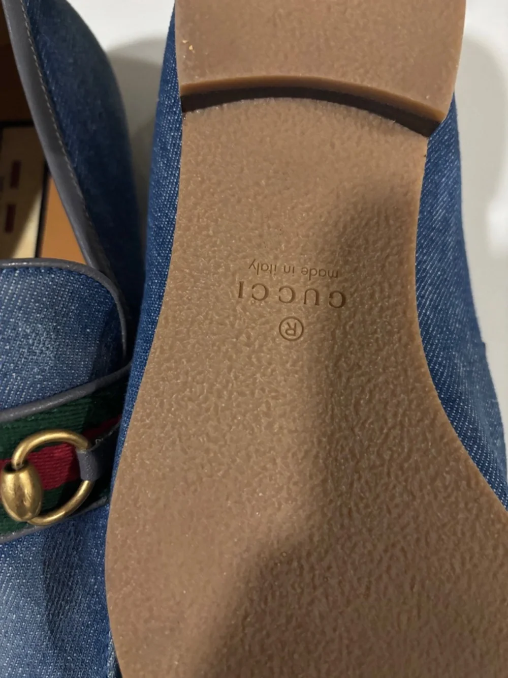 Gucci Blue Denim Horsebit Loafers with Green and Red Web